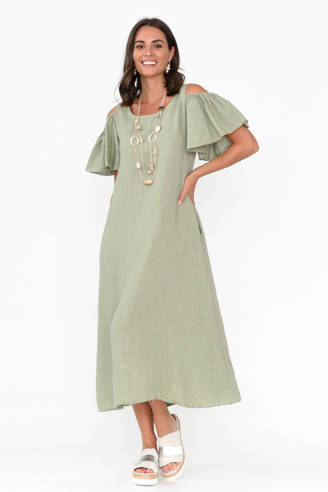 Mabrie Khaki Linen Cold Shoulder Dress