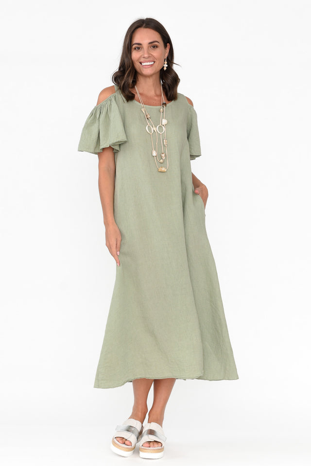 Mabrie Khaki Linen Cold Shoulder Dress