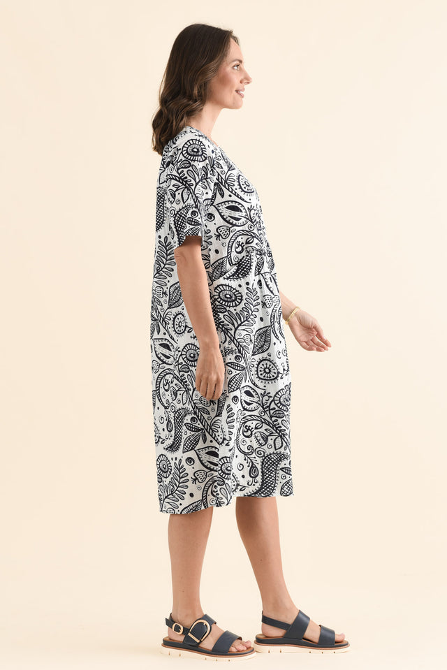 Mackie Navy Fern Cotton Pocket Dress,Side,Brunette model,alt text|model:MJ image 3