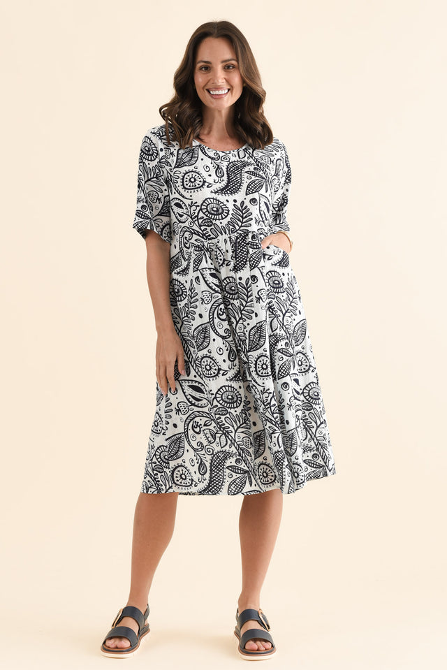 Mackie Navy Fern Cotton Pocket Dress,Full Body,Brunette model,alt text|model:MJ