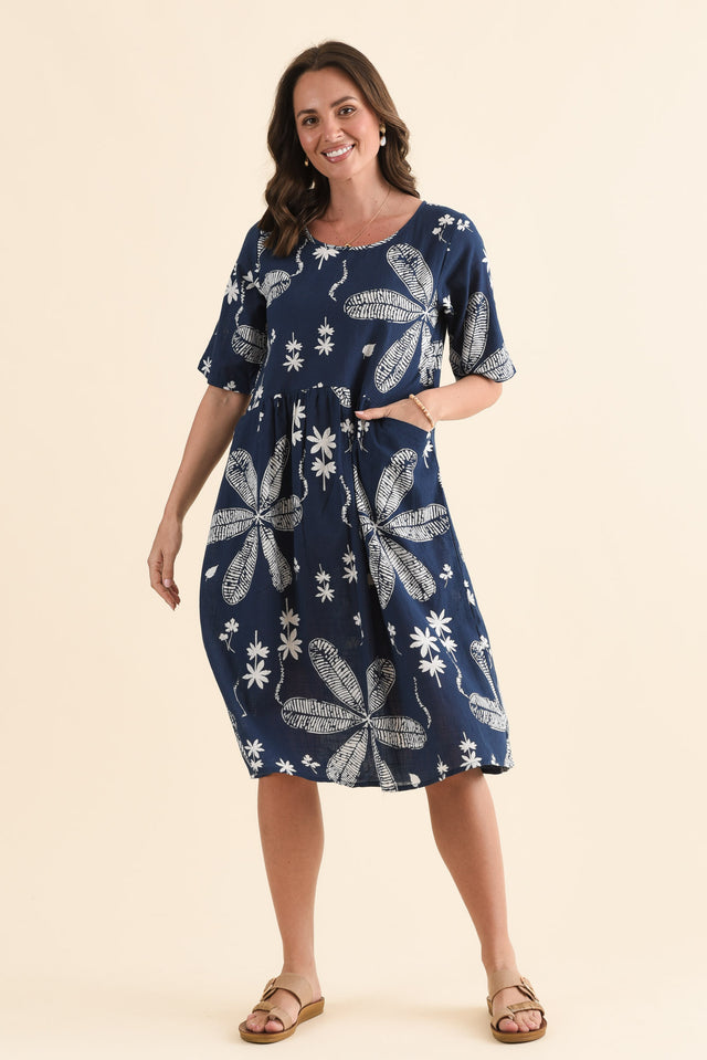 Mackie Navy Flower Cotton Pocket Dress,Full Body,Brunette model,alt text|model:MJ