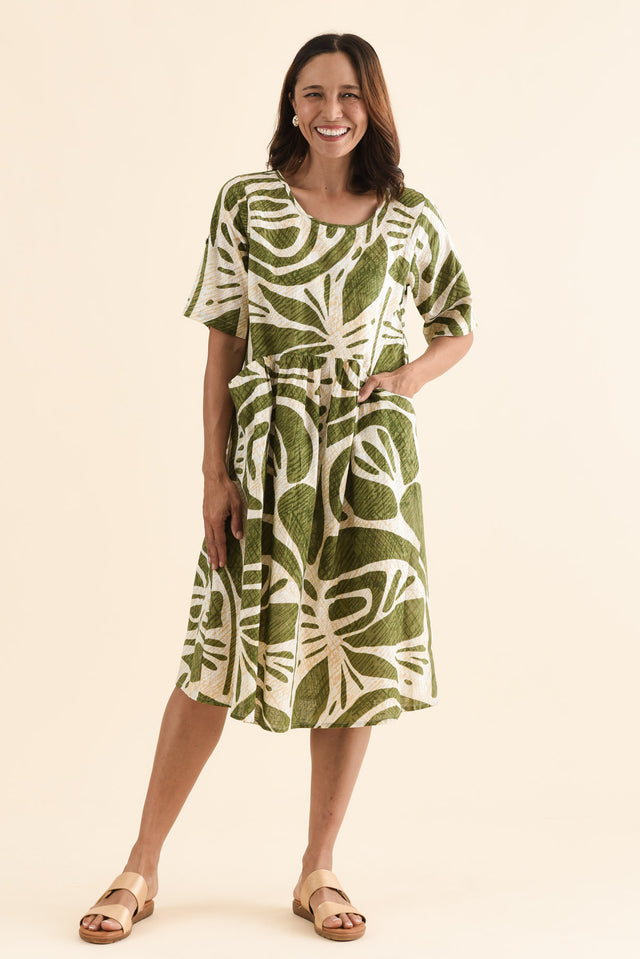 Mackie Olive Abstract Cotton Pocket Dress,Front,Brunette model,alt text|model:Cara image 1