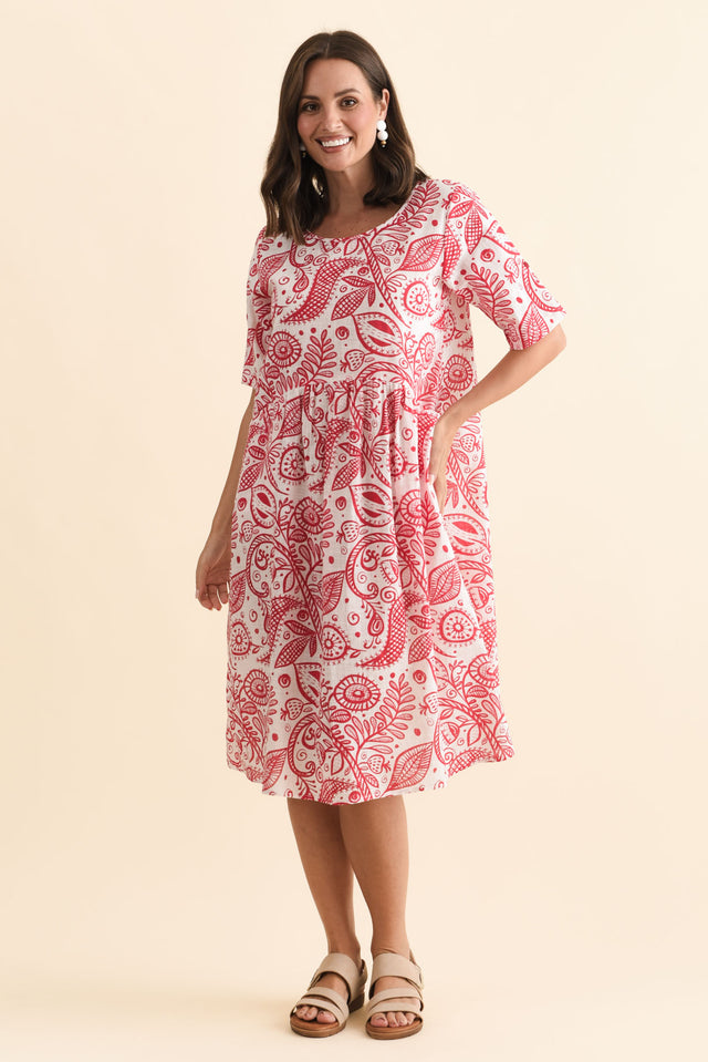 Mackie Red Abstract Cotton Pocket Dress,Brunette model,alt text|model:MJ image 3