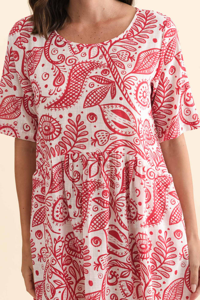 Mackie Red Abstract Cotton Pocket Dress,Brunette model,alt text|model:MJ image 6