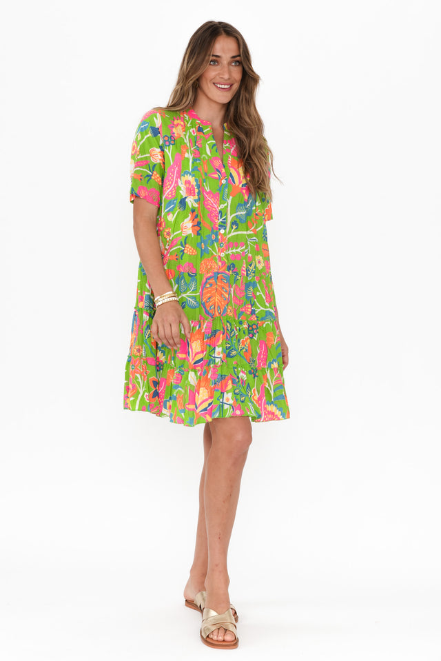 Madurai Green Floral Cotton Pleated Dress,Brunette model,alt text|model:Johanna image 3