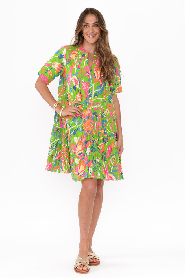 Madurai Green Floral Cotton Pleated Dress,Brunette model,alt text|model:Johanna