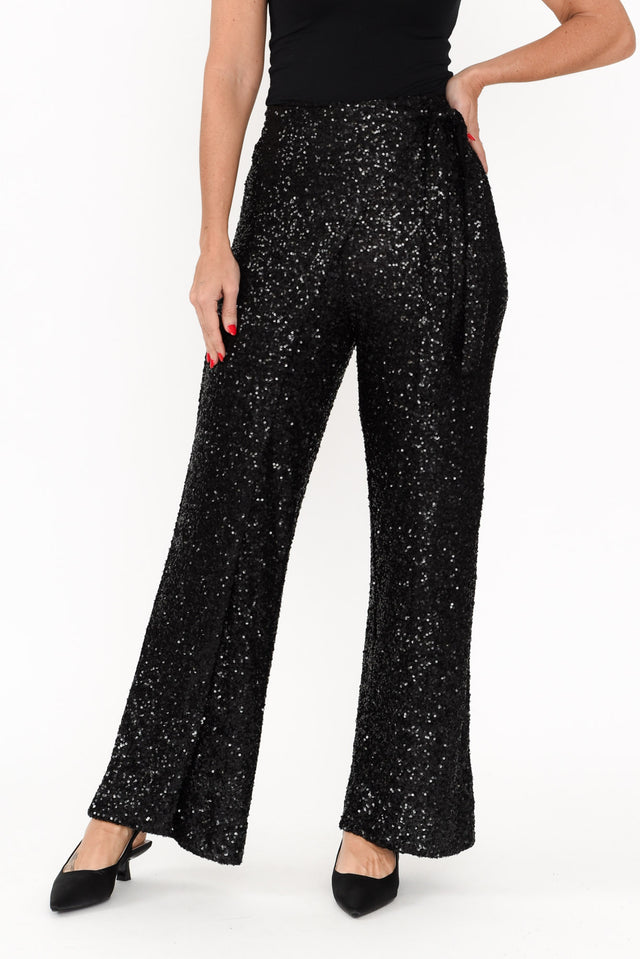 Mae Black Sequin Wrap Pants,Brunette model,alt text|model:Nicole