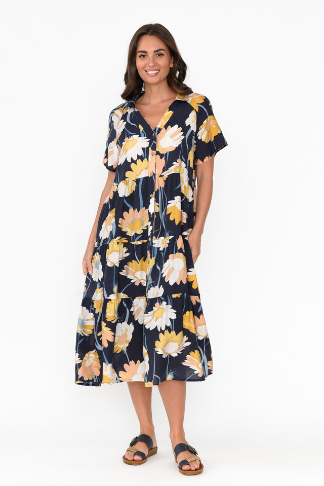 Maelle Navy Flower Cotton Tier Dress