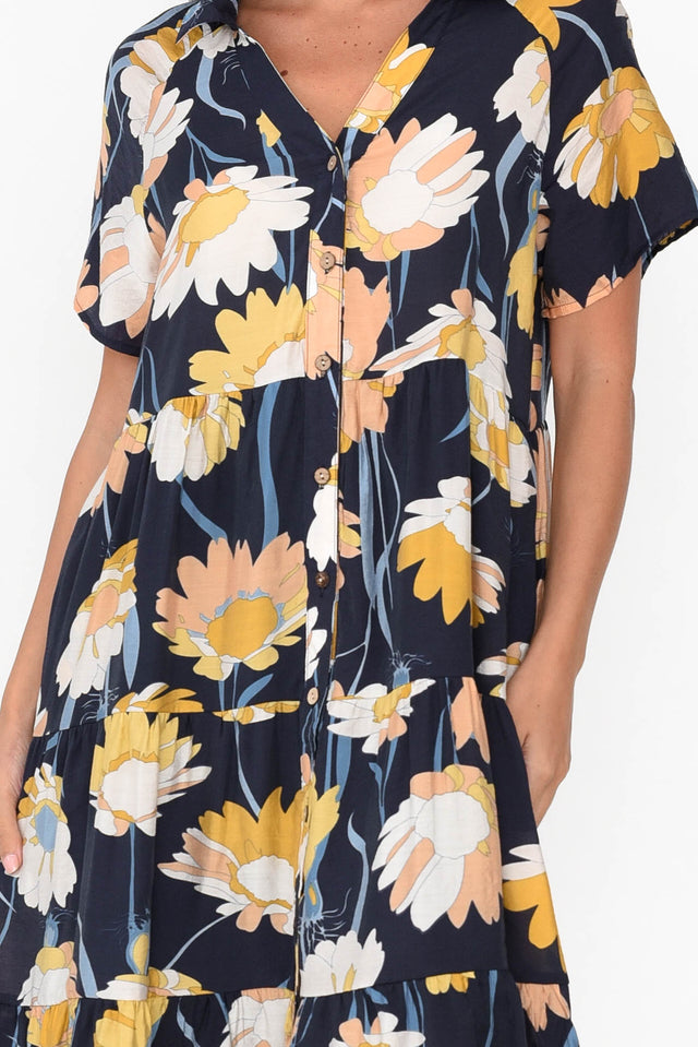 Maelle Navy Flower Cotton Tier Dress