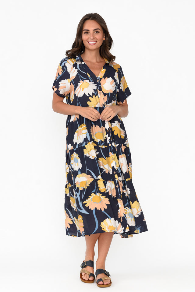 Maelle Navy Flower Cotton Tier Dress