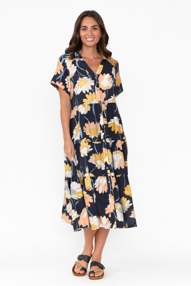 Maelle Navy Flower Cotton Tier Dress