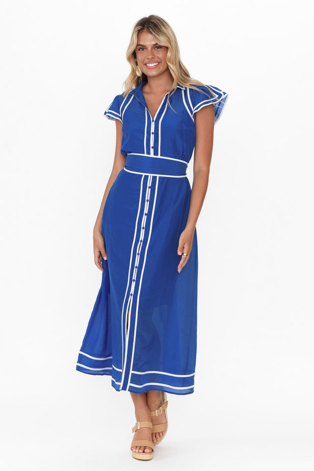 Panama Azure Blue Cotton Maxi Dress,Blonde model,alt text|model:Imogen