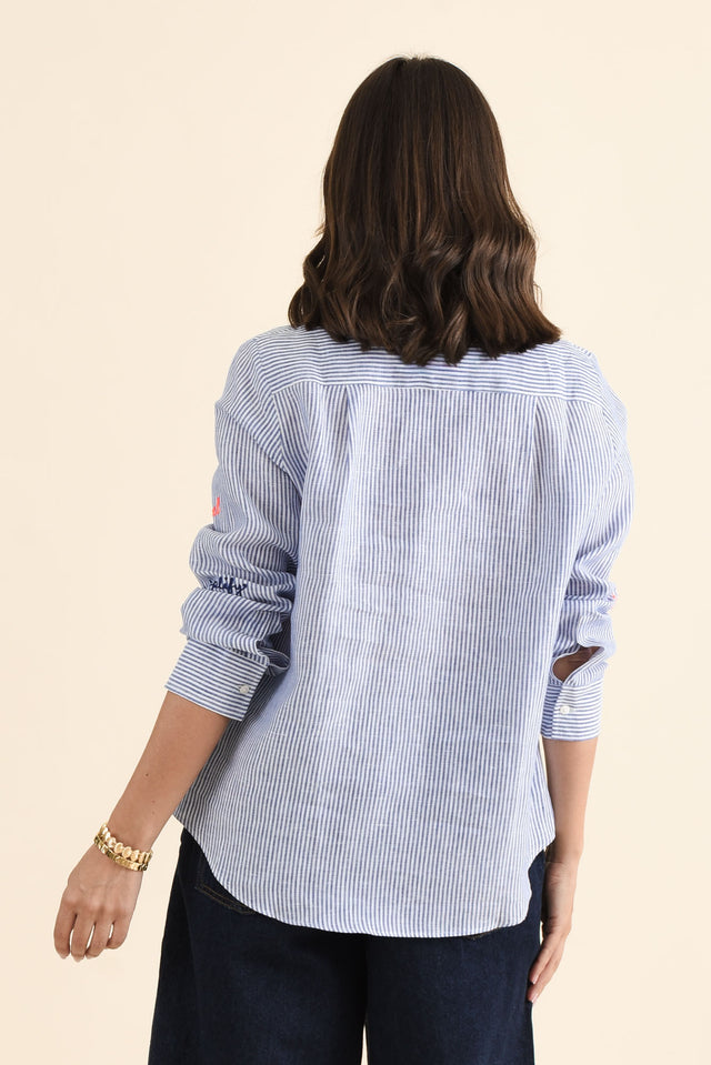 Mafalda Blue Stripe Linen Shirt,brunette model,Back of Outfit,alt text|model:MJ image 4