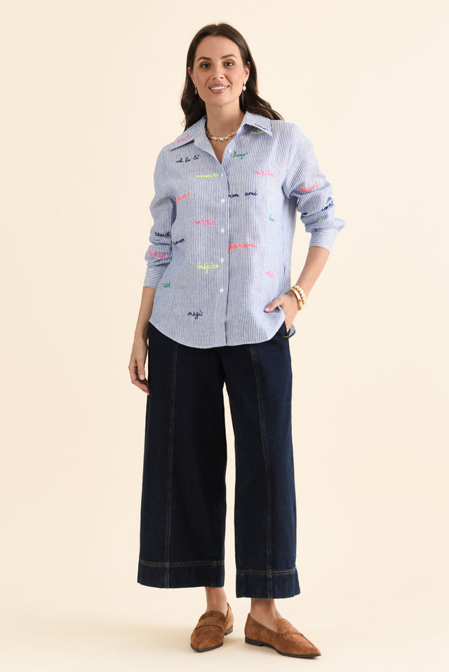 Mafalda Blue Stripe Linen Shirt,brunette model,Full Outfit,alt text|model:MJ image 2
