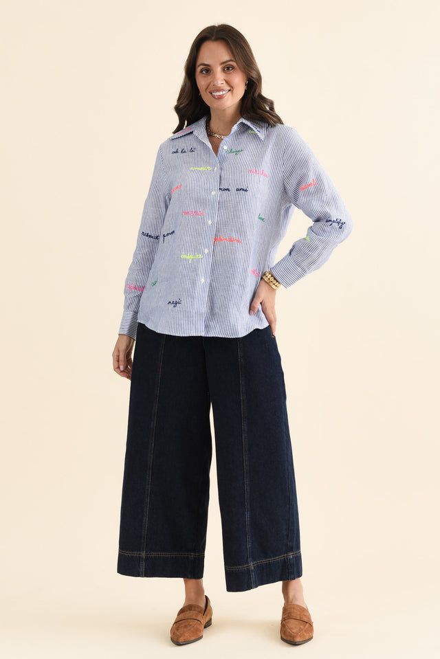 Mafalda Blue Stripe Linen Shirt,brunette model,Full Outfit,alt text|model:MJ image 6