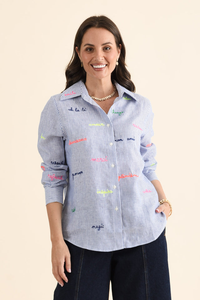 Mafalda Blue Stripe Linen Shirt,brunette model,Front of Outfit,alt text|model:MJ image 1