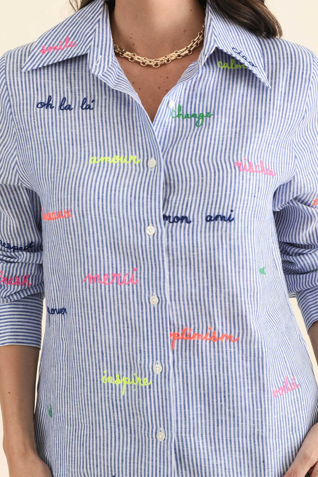Mafalda Blue Stripe Linen Shirt,brunette model,Close up of outfit,alt text|model:MJ image 5