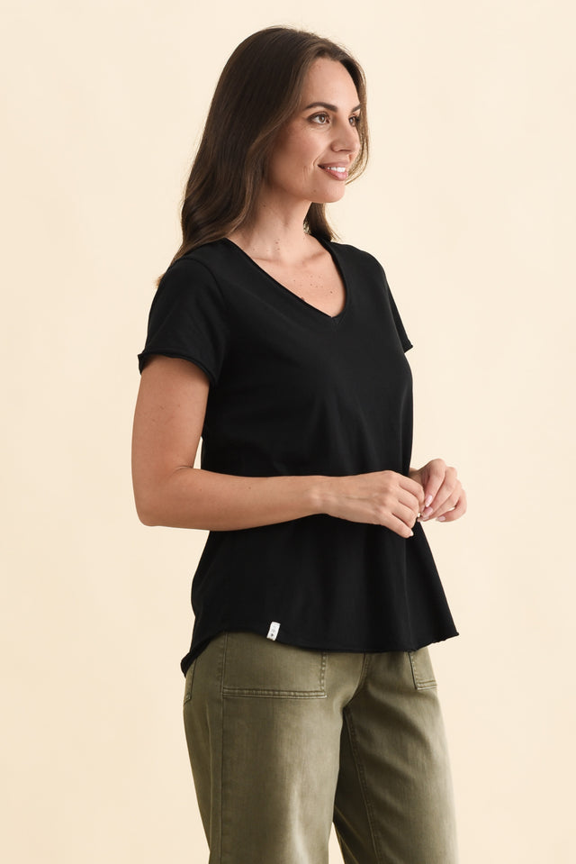 Maggie Black Cotton Vee Tee,Brunette model,alt text|model:MJ image 5