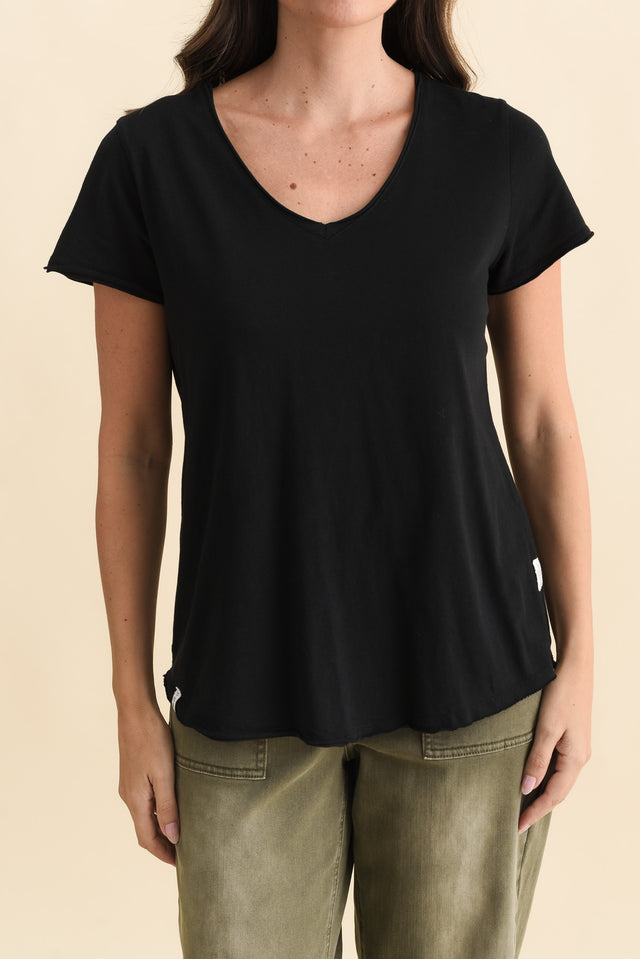 Maggie Black Cotton Vee Tee,Brunette model,alt text|model:MJ image 7