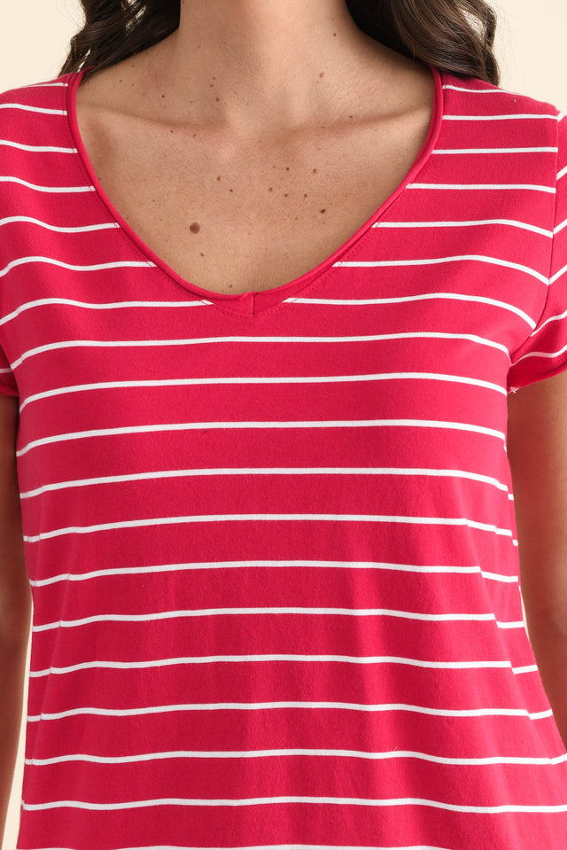Maggie Fuchsia Stripe Cotton Vee Tee,brunette model,Close up of outfit,alt text|model:MJ image 5