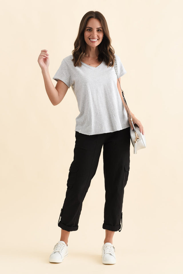Maggie Grey Cotton Vee Tee,Brunette model,alt text|model:MJ image 4