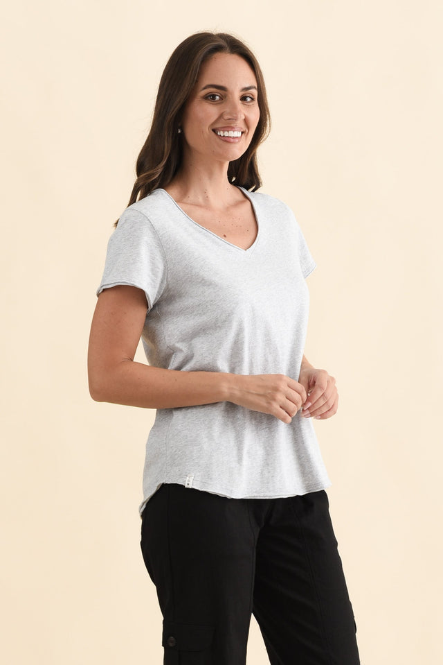 Maggie Grey Cotton Vee Tee,Brunette model,alt text|model:MJ image 5