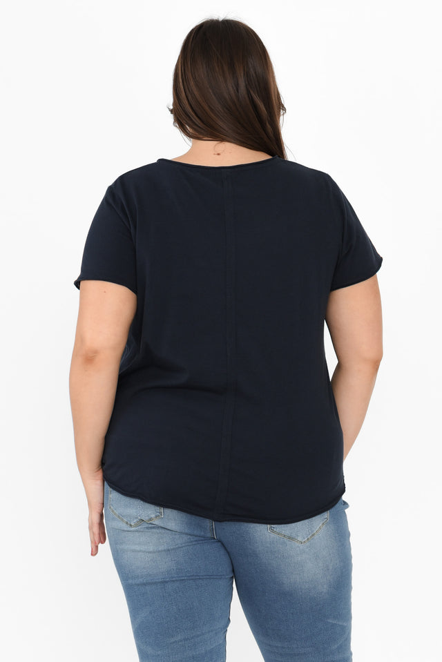Maggie Navy Cotton Vee Tee,Brunette model,alt text|model:Gabby image 12