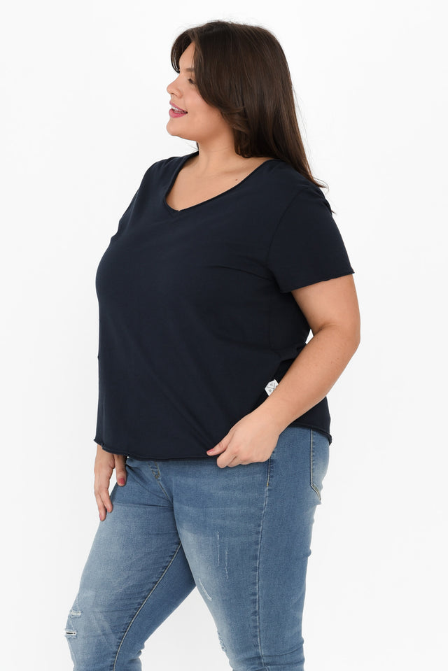 Maggie Navy Cotton Vee Tee,Brunette model,alt text|model:Gabby image 11