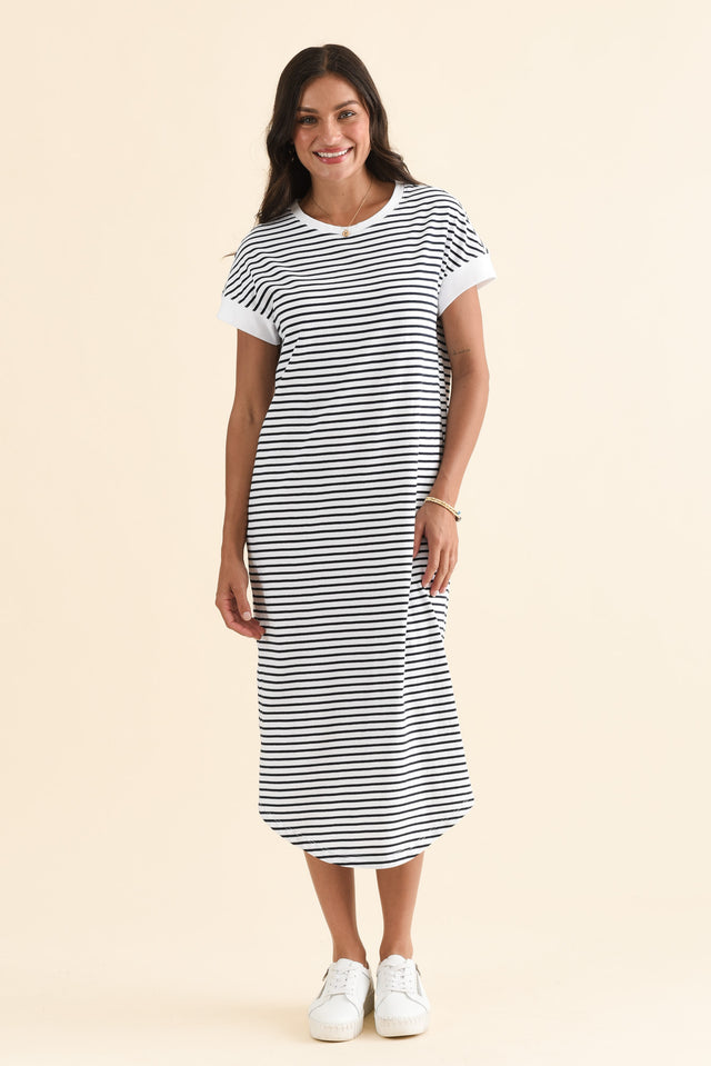 Maggie Navy Stripe Cotton T-Shirt Dress,Full Body,Brunette model,alt text|model:Brontie image 2