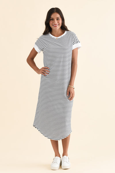 Maggie Navy Stripe Cotton T-Shirt Dress