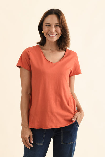 Maggie Orange Cotton Vee Tee
