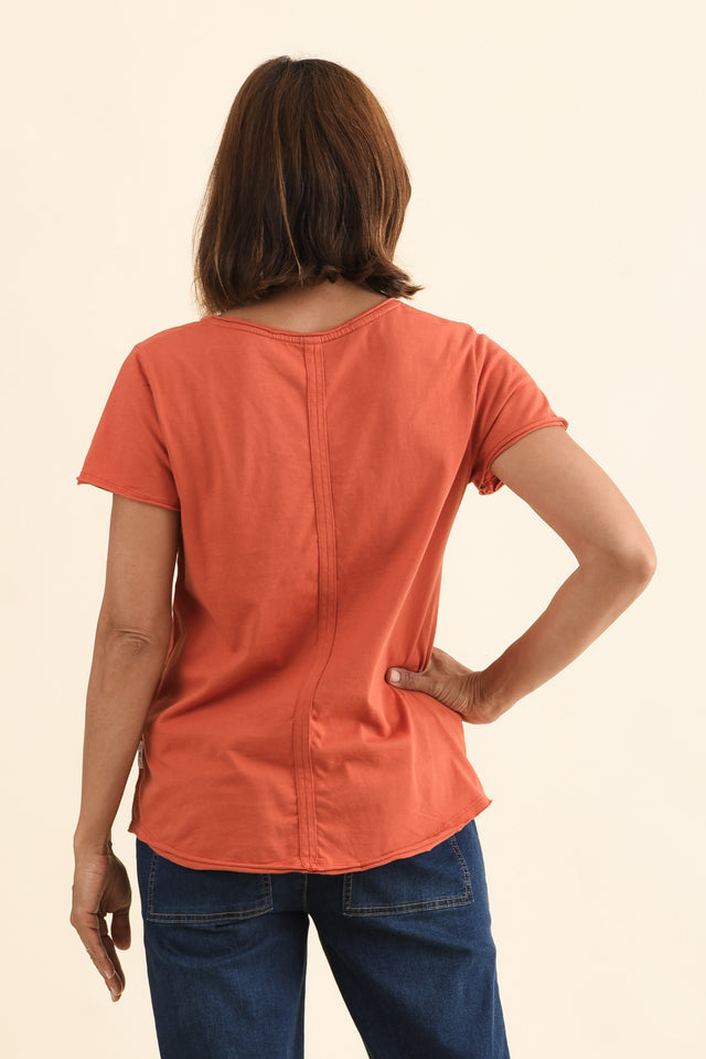Maggie Orange Cotton Vee Tee,Back,Brunette model,alt text|model:Cara image 5