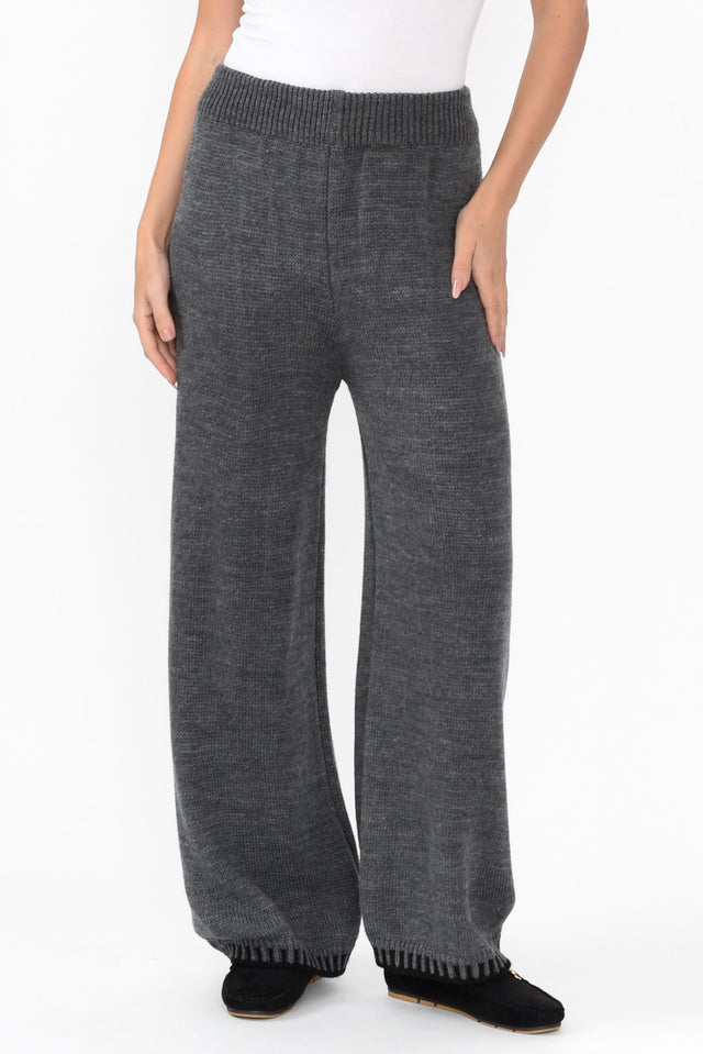 Mahalia Charcoal Trim Knit Pants length_Full rise_High print_Plain colour_Grey PANTS  