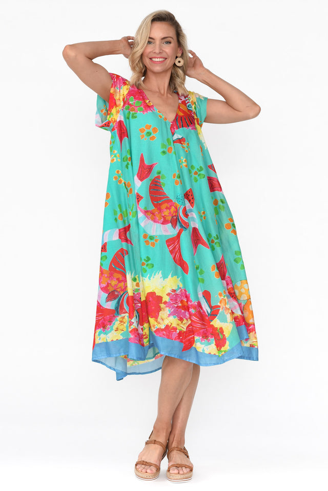 Maheno Teal Sea Cotton Midi Dress image 5