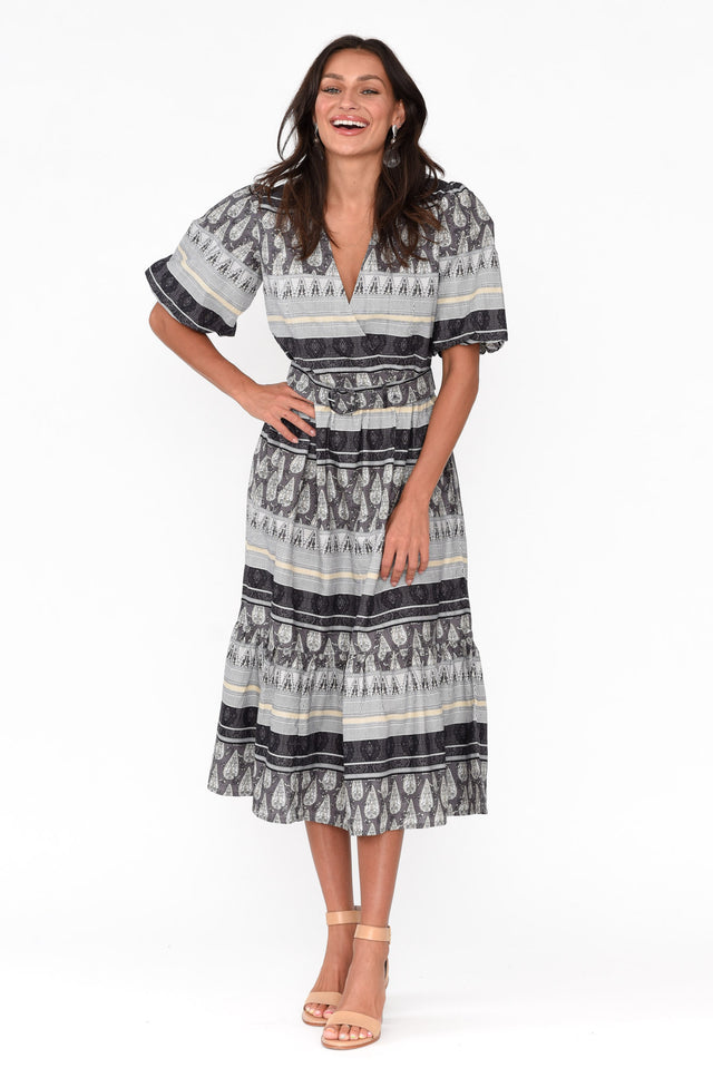 Mai Black Geo Cotton Tie Dress