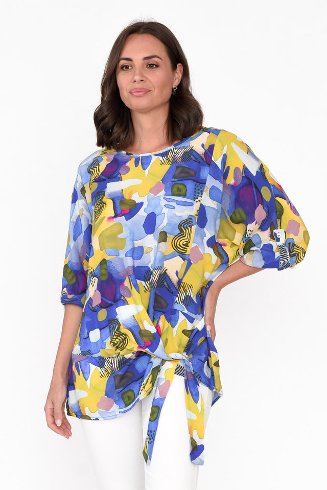 Maisy Blue Abstract Tie Top neckline_Round  alt text|model:MJ;wearing:XS