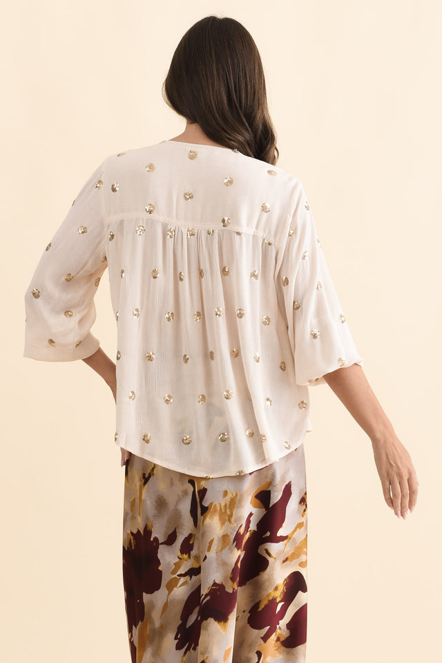 Mana Ivory Spot Sequin Top,Brunette model,alt text|model:MJ image 5