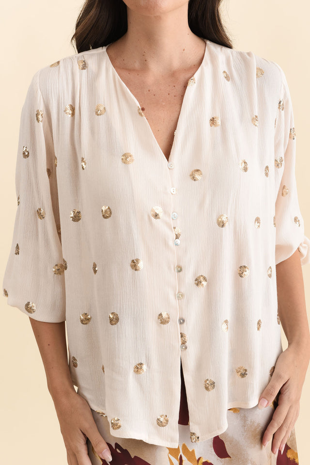 Mana Ivory Spot Sequin Top,Brunette model,alt text|model:MJ image 6