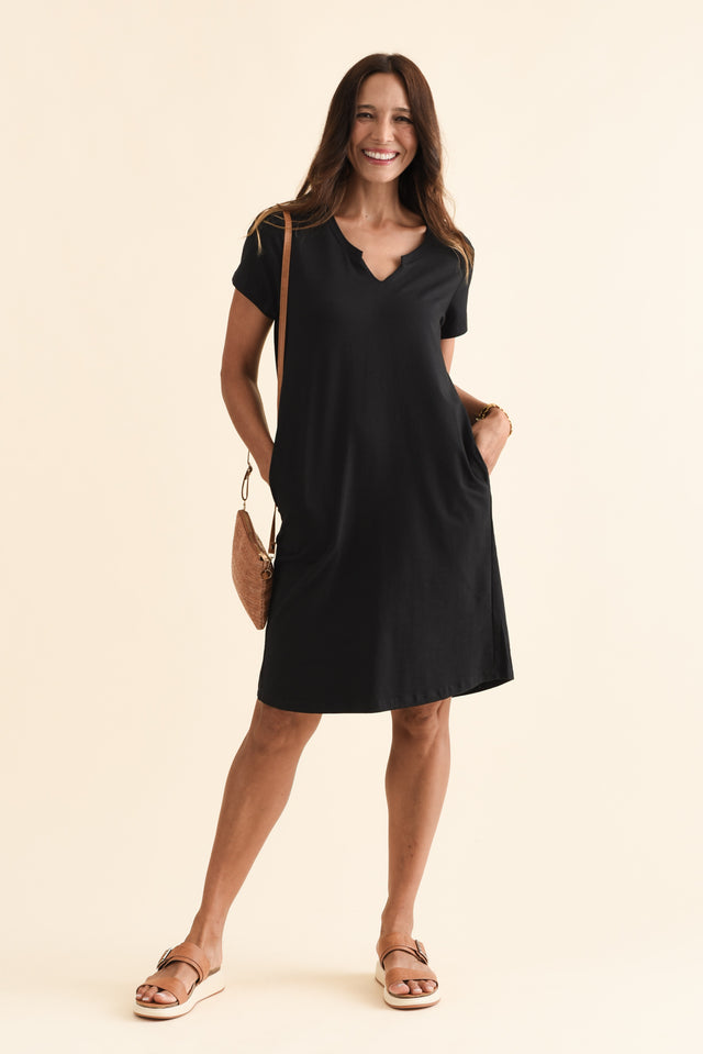 Mandy Black Cotton Tee Dress,Brunette model,alt text|model:Cara image 2