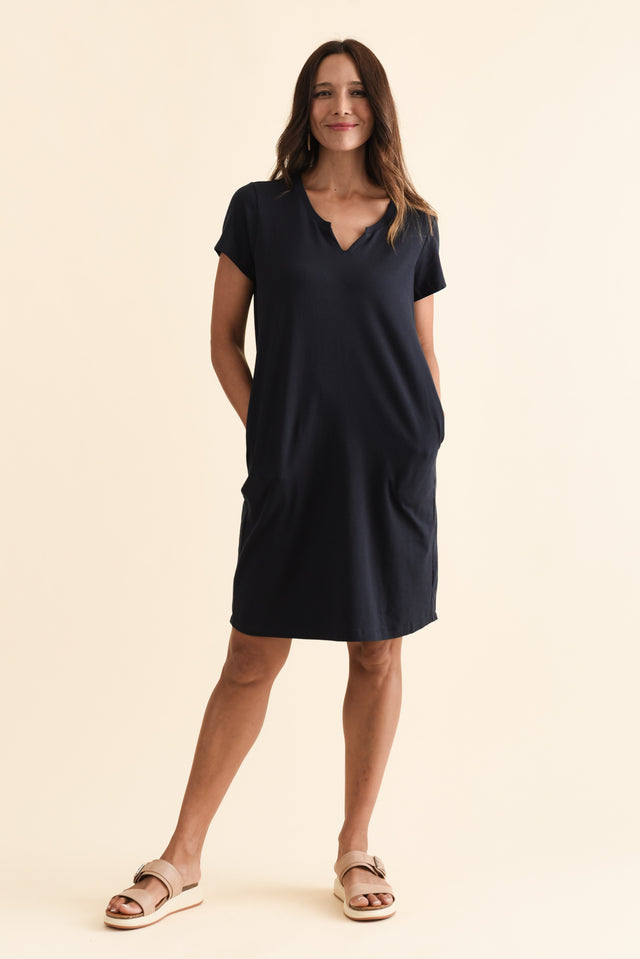Mandy Navy Cotton Tee Dress,Brunette model,alt text|model:Cara image 4