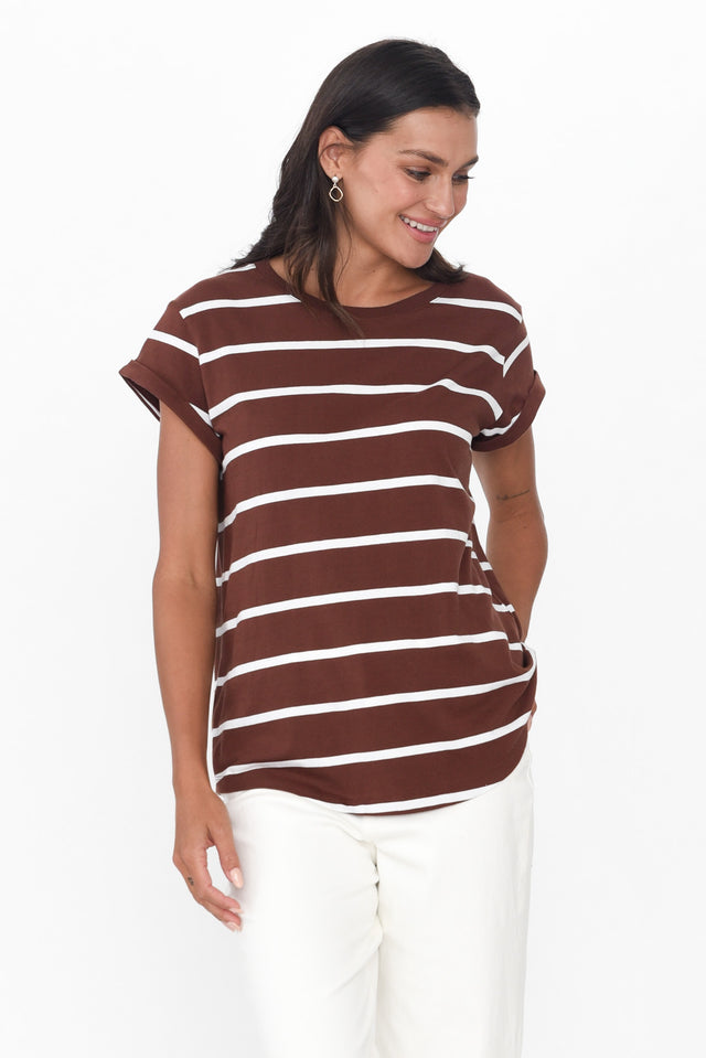 Manly Chocolate Stripe Cotton Tee neckline_Round  alt text|model:Brontie;wearing:AU 8 / US 4