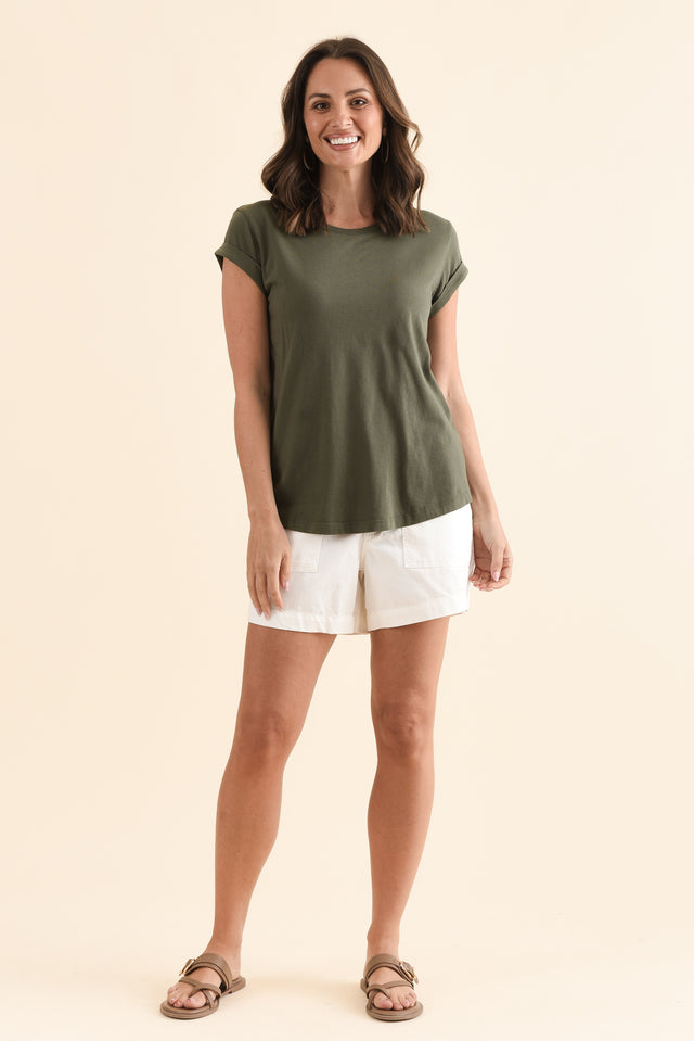 Manly Khaki Cotton Tee,Full Body,Brunette model,alt text|model:MJ image 7
