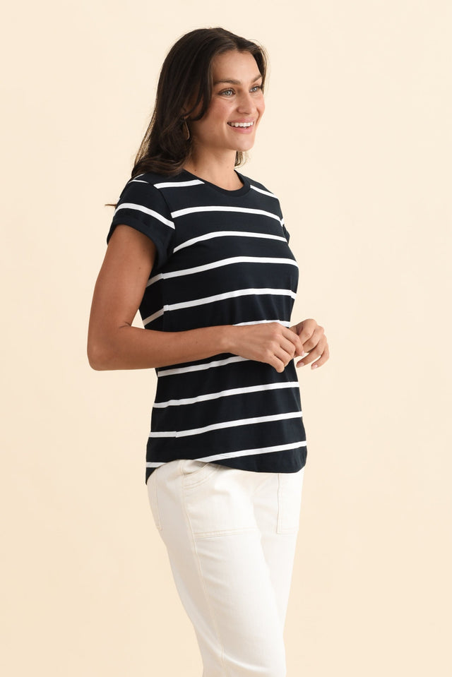 Manly Navy Stripe Cotton Tee,Brunette model,alt text|model:Brontie image 5
