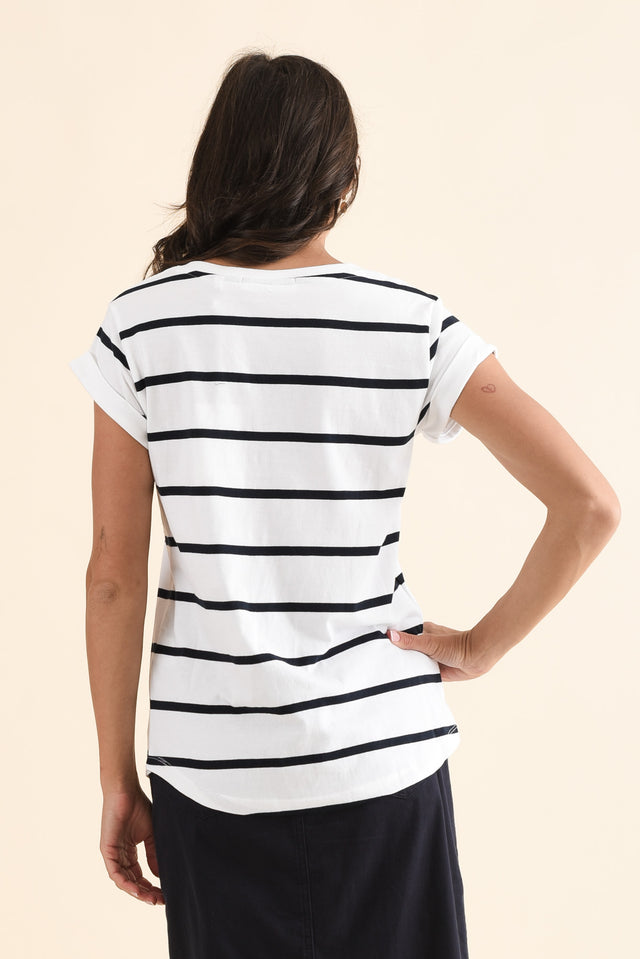 Manly White Stripe Cotton Vee Tee,Back,Brunette model,alt text|model:Brontie image 5