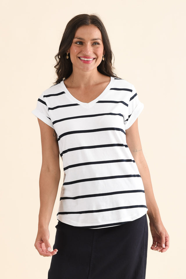 Manly White Stripe Cotton Vee Tee,Front,Brunette model,alt text|model:Brontie