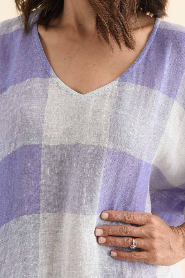 Marcel Blue Check Linen Dress,Detail,Brunette model,alt text|model:Cara image 5