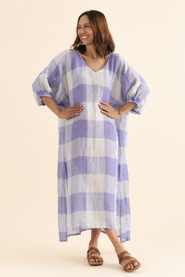 Marcel Blue Check Linen Dress,Full Body,Brunette model,alt text|model:Cara image 6