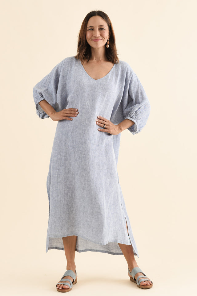 Marcel Steel Linen Dress,Full Body,Brunette model,alt text|model:Cara image 6