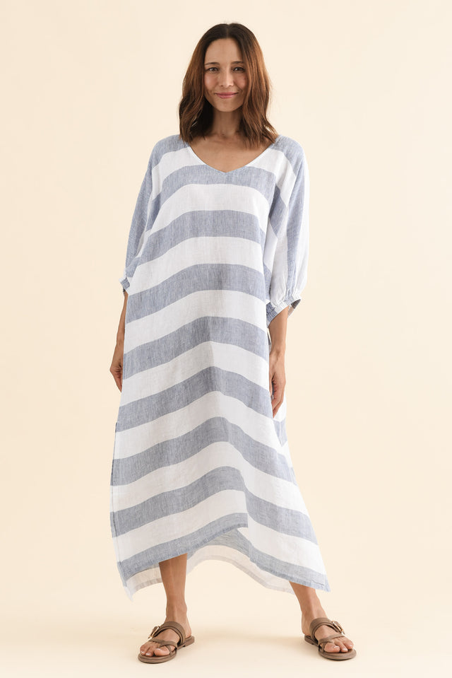 Marcel Steel Stripe Linen Dress,Full Body,Brunette model,alt text|model:Cara image 2