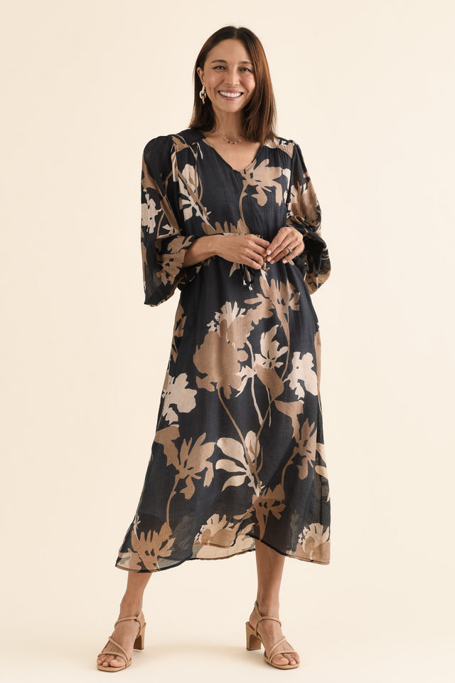 Mareli Black Floral Tie Dress,Front,Brunette model,alt text|model:Cara image 1